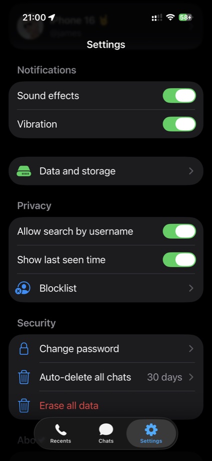 MegaMes privacy and storage settings